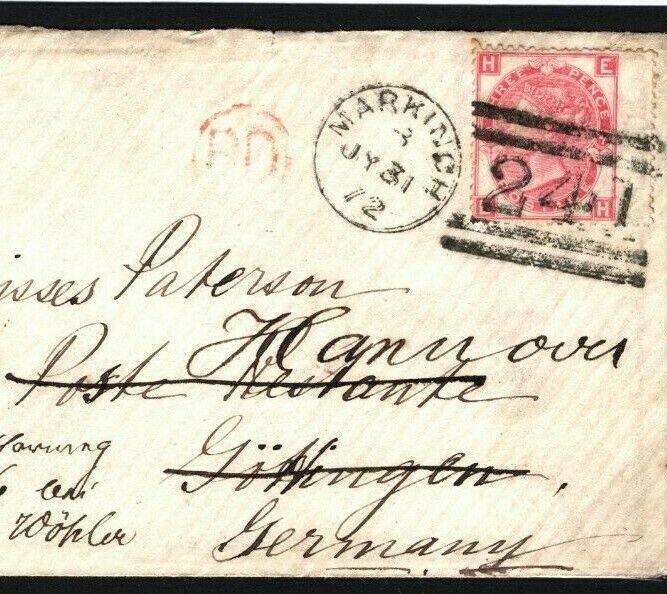 GB SCOTLAND SG.103 Plate 7 Cover Markinch Germany POSTE RESTANTE 1872 G68b