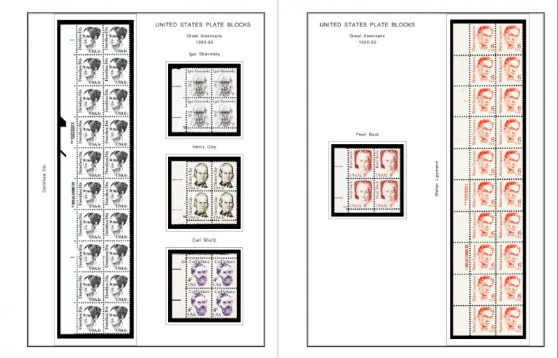 COLOR PRINTED US PLATE BLOCKS 1980-1989 STAMP ALBUM PAGES (104 illustr. pages)