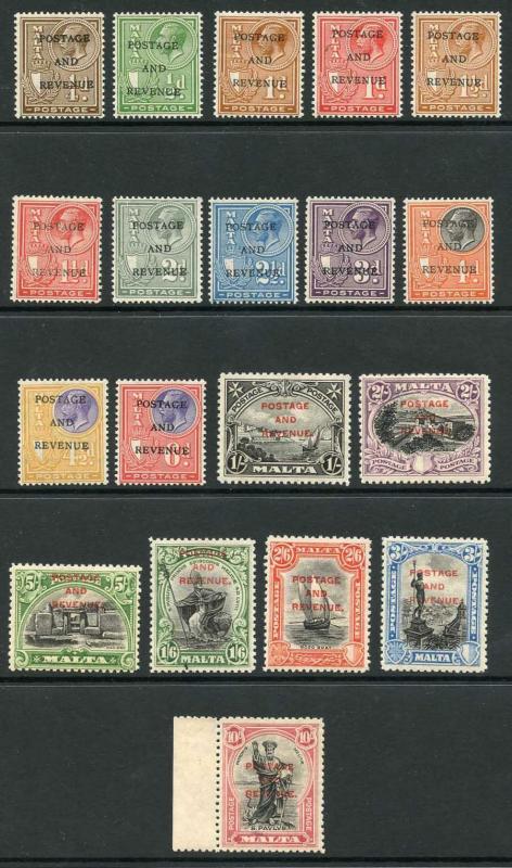 Malta SG143/56 1928 Complete Set opt POSTAGE and Revenue M/M