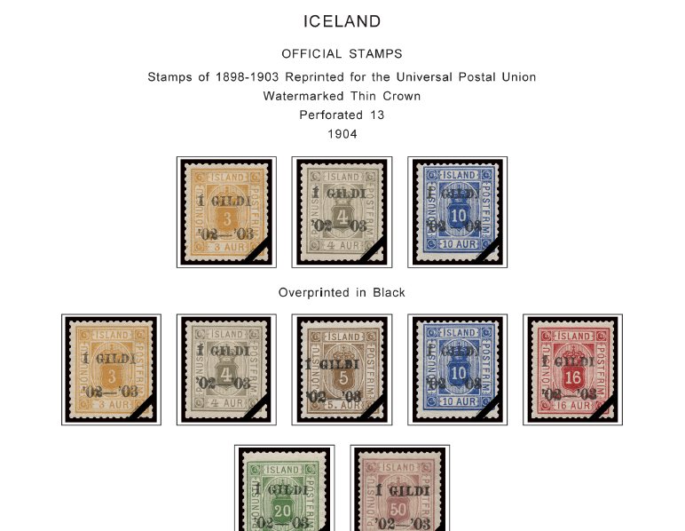 ICELAND STAMP ALBUM PAGES 1873-2011 (159 color illustrated pages)