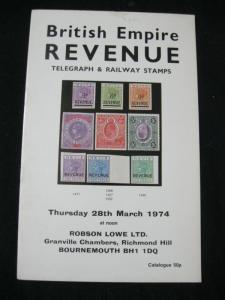 ROBSON LOWE AUCTION CATALOGUE 1974 BRITISH EMPIRE REVENUE TELEGRAPH & RAILWAY