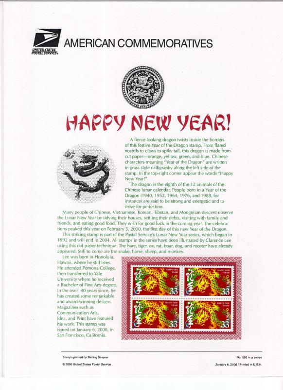 US CP593 Year of the Dragon 3370 Commemorative Panel Mint