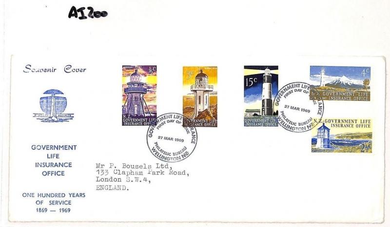 AI200 1969 New Zealand LIFE INSURANCE STAMPS FDC First Day Cover LIGHTHOUSES