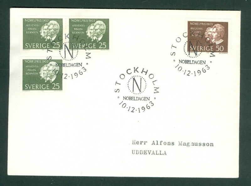 Sweden. FDC 1963. Nobel Prize Winners 1903. Adr: Uddevalla. Engraver: Wallhorn. 