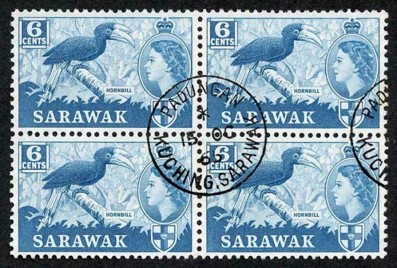 SARAWAK SG206 1964 6c Greenish Blue Wmk w12 CDS Block Cat 20 pounds