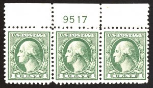 U.S. #525 PL# STRIP MINT OG HR 