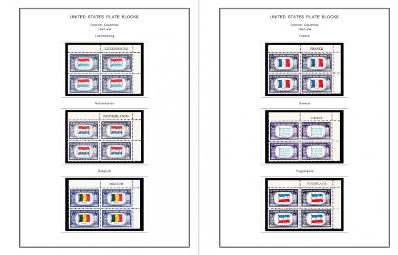 COLOR PRINTED US PLATE BLOCKS 1940-1949 STAMP ALBUM PAGES (45 illustrated pages)