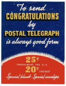 (I.B) USA Telegraphs : Postal Telegraph Label (Congratulations)