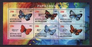 D2-Ivory Coast-unused NH sheet of 6-Insects-Butterflies-Papi