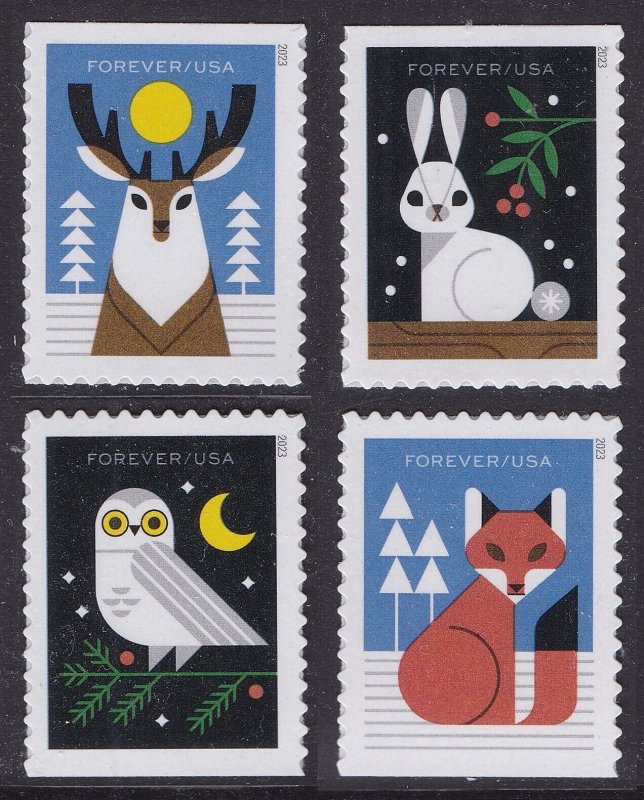 US 5822-5825 5825a Winter Woodland Animals forever set A (4 stamps) MNH 2023