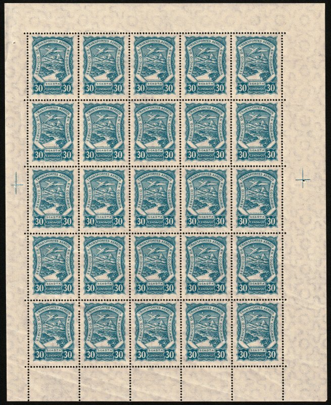 ✔️ COLOMBIA SCADTA 1923 SC. C42 ** MNH FULL SHEET  & PLATEFLAWS & SUPERNOVA P21