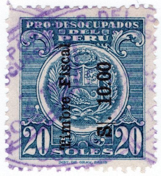 (I.B) Peru Revenue : Duty Stamp 10s on 20s OP