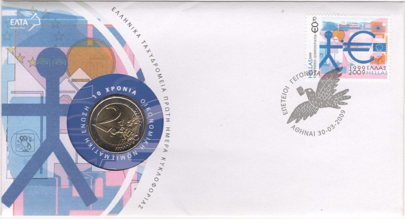 Greece 2009 Anniversaries and Events with 2 euro coin FDC. VF