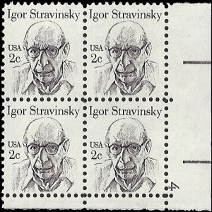 Scott # 1845 1982 2c brn  Igor Stravinsky ; OVERALL TAGGING Plate Block - Low...