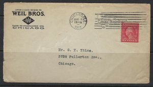 US 1917 CANAL STATION CHICAGO WEIL BROS ADVERTISING COVER FRANKED WASH 2¢ COIL