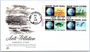 U.S. FIRST DAY COVER ANTI-POLLUTION CAMPAIGN STAMP PLATE BLOCK (4) ARTCRAFT 1970