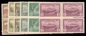 Canada #268-273 Cat$355, 1946 8c-$1, complete set in blocks of four, never hi...