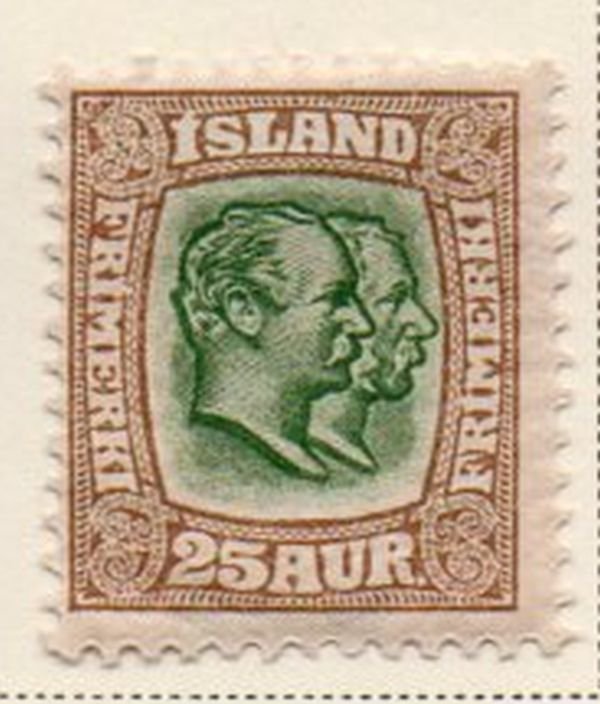 Iceland Sc 80 1907 25 aur bistre brown & green 2 Kings stamp mint