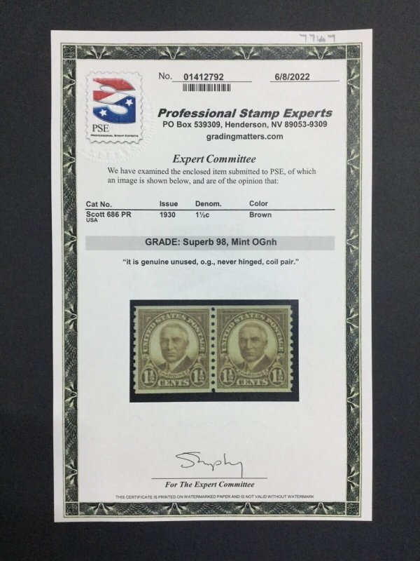 MOMEN: US STAMPS #686 PAIR MINT OG NH PSE GRADED CERT SUP-98 LOT #77147 