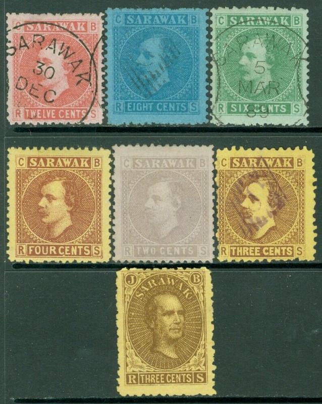 EDW1949SELL : SARAWAK 1869-75 Sc #1-7 Complete. VF. Mixed Mint & Used. Cat $119.