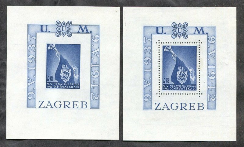 x046 - CROATIA 1942 WW2 Lot of (2) Souvenir Sheets MNH. Imperf & Perforated