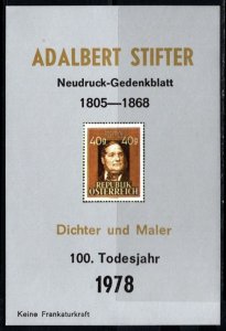 1978 Austria Souvenir Sheet 100th Anniversary Death Adalbert Stifter Poet