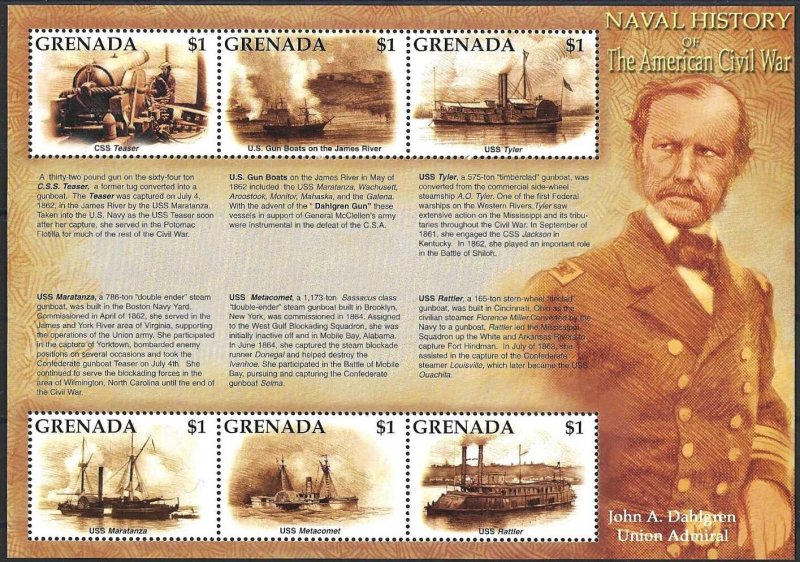 2002 Grenada Ships, Naval History of the American Civil War Sheet VF/MNH! (Fu)