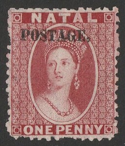 NATAL 1869 'POSTAGE' on QV Chalon 1d rose, wmk crown CC reversed, SG type 7e.