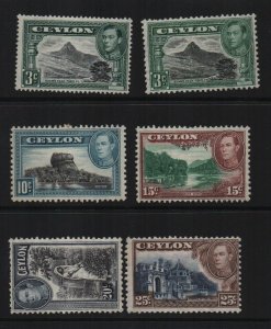 Ceylon 1938-44 selection of 6 mounted mint stamps