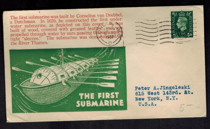 1937 England cover to USA Commemorates First Submarine U Boat 1620