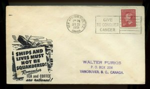 PATRIOTIC Ships, lives, Tea & Coffee rationed 1951 Post Postes cover Canada