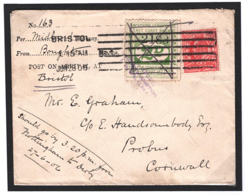 GB Notts LDECR RAILWAY 2d Letter Stamp BOUGHTON JUNCTION STATION 1906 Cover R78a 