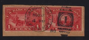 1913 Parcel Post Sc Q1 pair, Shanghai duplex cancel on piece