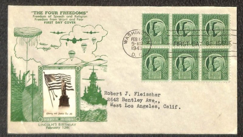 USA 908 STAMPS LINCOLN'S B-DAY WASHINGTON DC CROSBY FDC FIRST DAY COVER 1943