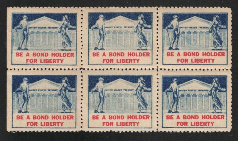 Block Of 6 Be A Bond Holder For Liberty Vintage Poster Stamps / World War II