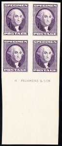 US Stamps # 2 MNH XF Specimen Purple Block Of 4