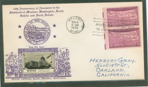 US 858 1939 3c montana statehood 50th anniversary, pair on an addressed fdc with a crosby thermal cachet