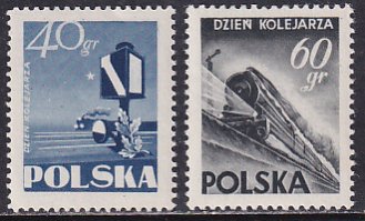 Poland 1954 Sc 635-6 Railwaymens Day Railway Signal Modern Train Stamp MNH