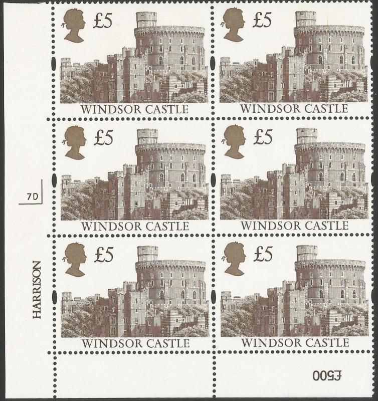 QEII GB 1992 SG1614 £5 Castles Plate Block Of 6 7D, unmounted mint condition.