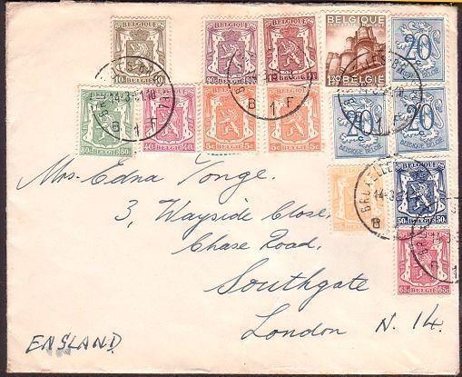 BELGIUM 1951 cover to London - great franking - 14 stamps !