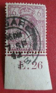 SG426 George V 1924 Somerset House 6d Purple Imperf Control E.26 Ongar CDS Used