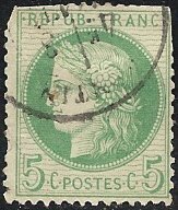 France 53 (used, clipped) 5c Ceres, yel grn (1872)