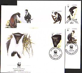 Ghana, Scott cat. 1674-1677. W.W.F.- Diana Monkeys. 4 First day covers. ^