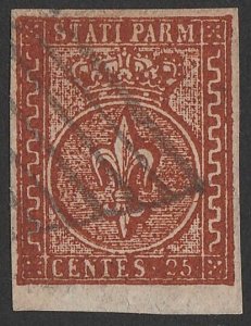 ITALY - PARMA 1853 Arms 25c deep brown. Sass 8a cat €1000+.