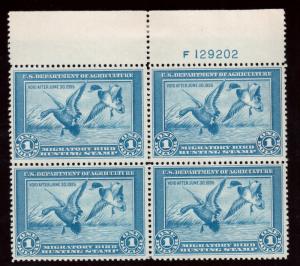 USA #RW1 VF/NH Plate Block