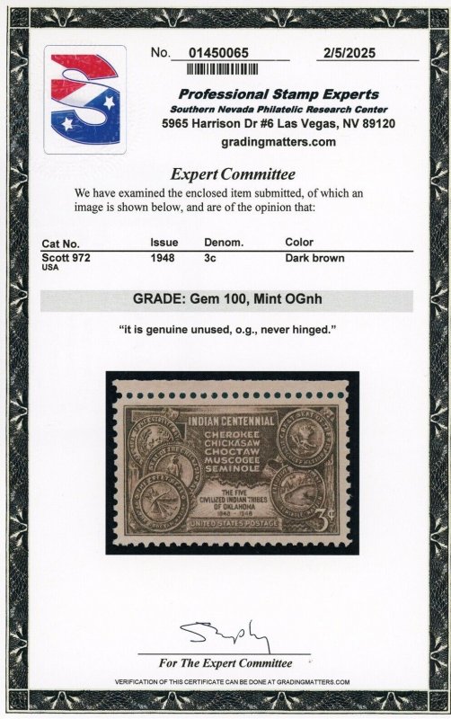 US Stamp #972 Indian Centennial 3c - PSE Cert - GEM 100 - MNH - SMQ $170.00