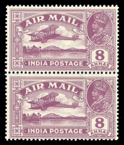 India 1929 KGV Air Mail 8a purple pair MISSING TREE-TOP var VFM. SG 224,224a.