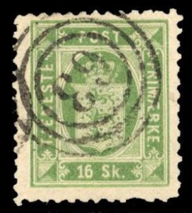 Denmark O5, $600, 1871 16s green, used, short perf.