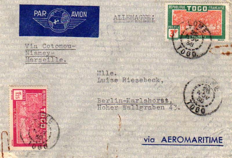 Togo 1.25F and 3F Oil Palms 1938 Lome, Togo Airmail to Berlin, Germany.  Via ...