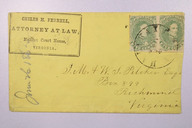 CSA - 1862 Halifax Court House VA / Attorney Advertising Cover / #1 Pair -L38834